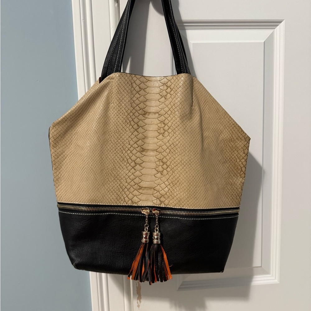 Elegant Tan and Black faux snake skin Tote Bag